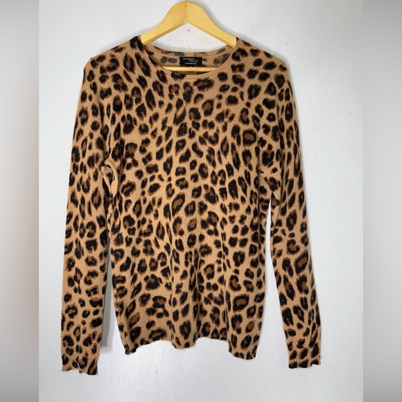 Morgan Taylor Cashmere Leopard Print Crew Neck Sweater Large - Picture 1 of 4